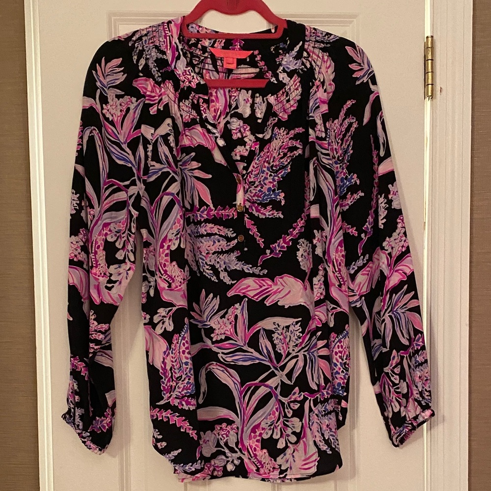 Lily Pulitzer Elsa Blouse - Silk Floral Black and Pink, size M